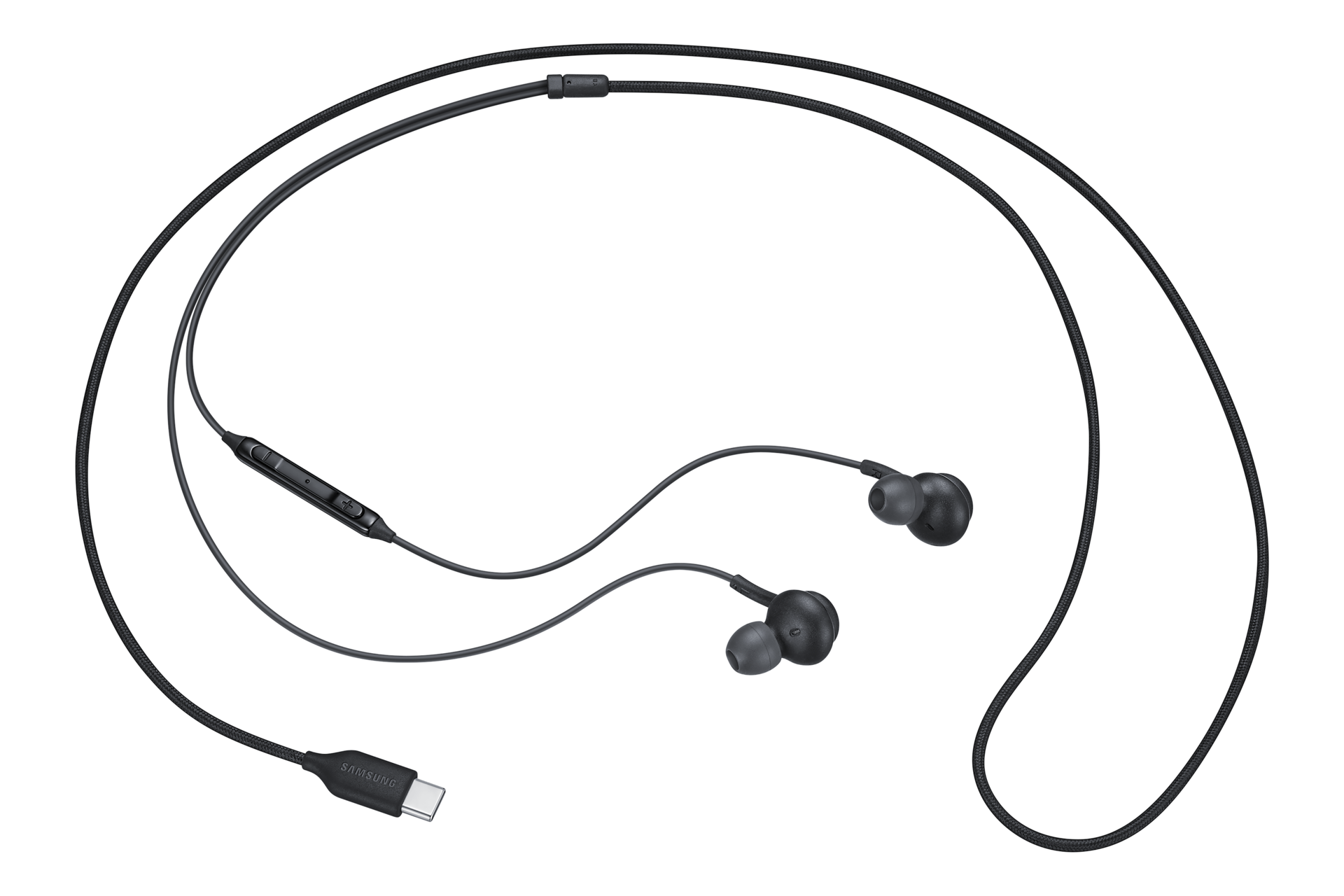 A front view of the Samsung phone earphones in black made with 2-way speakers offer rich audio that comes through clear and balanced