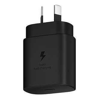 A black Samsung charger with Super Fast Charging (25W) provides Super Fast Charging at up to 25W for capable devices. Buy Samsung fast charger in NZ