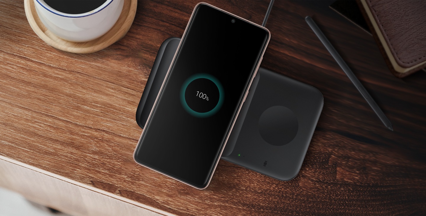 Get Samsung double charger - Wireless Charger Duo (ep-p4300tbegau) to charge devices quickly up to 9W of Fast Charging support