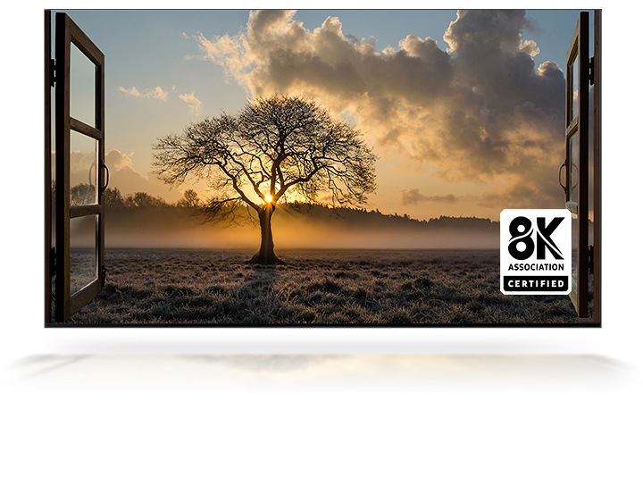 The sun sets out the window and there is a thin tree in a wide field. QLED 8K TV is certified by the 8K Association.