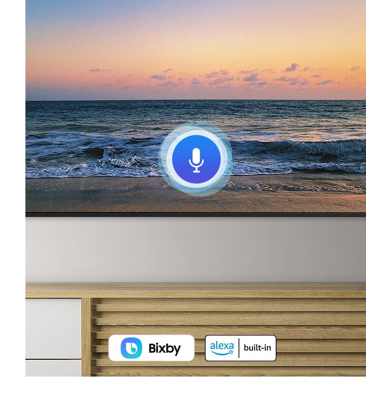 A microphone icon used to demonstrate the UHD TV voice assistant features using Alexa and Bixby.