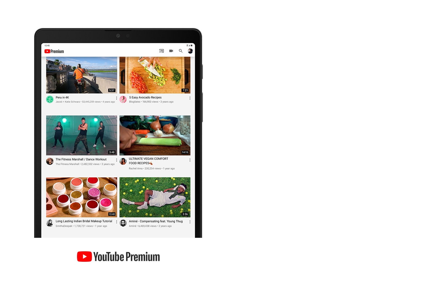 YouTube is displayed on Galaxy Tab A7 Lite showing an assortment of YouTube Premium videos. YouTube Premium logo is displayed.