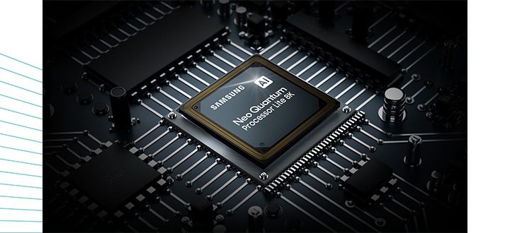The Neo QLED TV processor chip is shown. The Samsung logo as well as the AI Neo Quantum Processor Lite 8K logo can be seen on top.