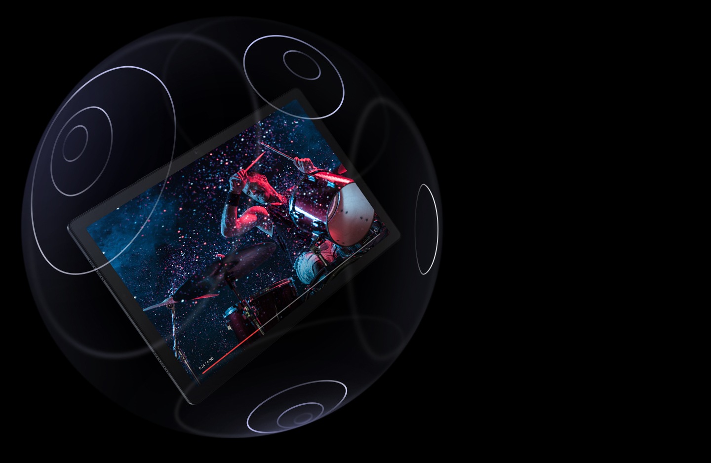 Samsung Tab A8 is shown floating inside a transparent sphere that has concentric circles marked on its surface. Screen shows a man playing drums, with a progress bar at the bottom.