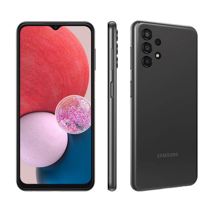 Samsung Galaxy a13 specs and features, classic back view of the device in Black along with 1 side and 1 front view to highlight modern matte finish.