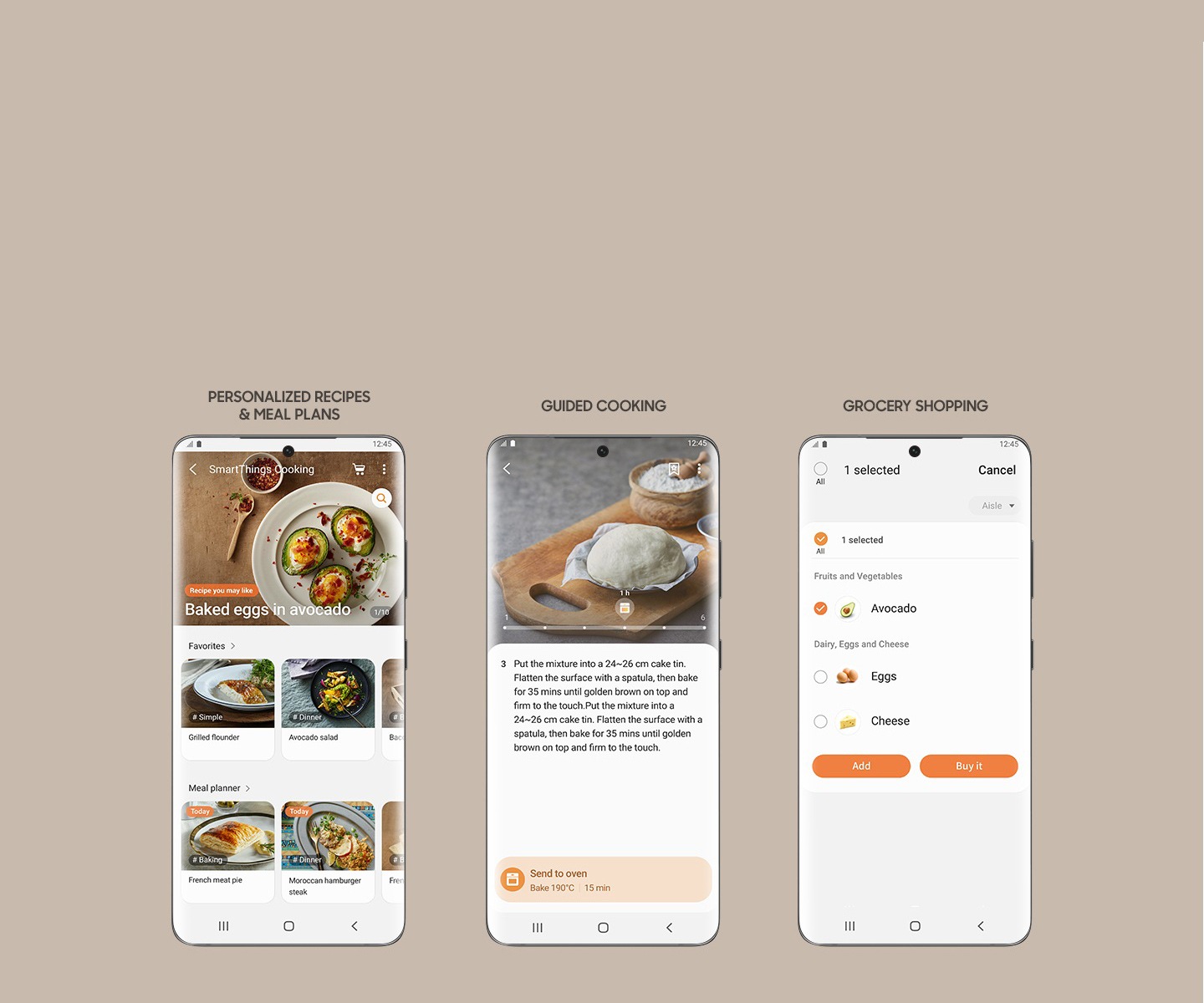 3 okostelefon-képernyőt jelenít meg a SmartThings Cooking alkalmazásból, amely lehetővé teszi a személyre szabott receptek és étkezési tervek elérését, az irányított főzési utasítások megtekintését és az élelmiszerek bevásárlólistájának elkészítését az összetevők vásárlásához.