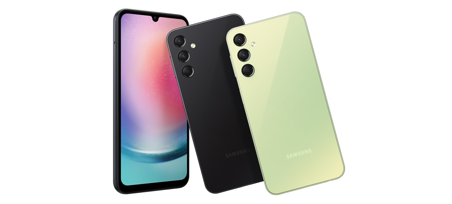 Multiple devices of the Galaxy A24 are lined up to showcase their colour options.