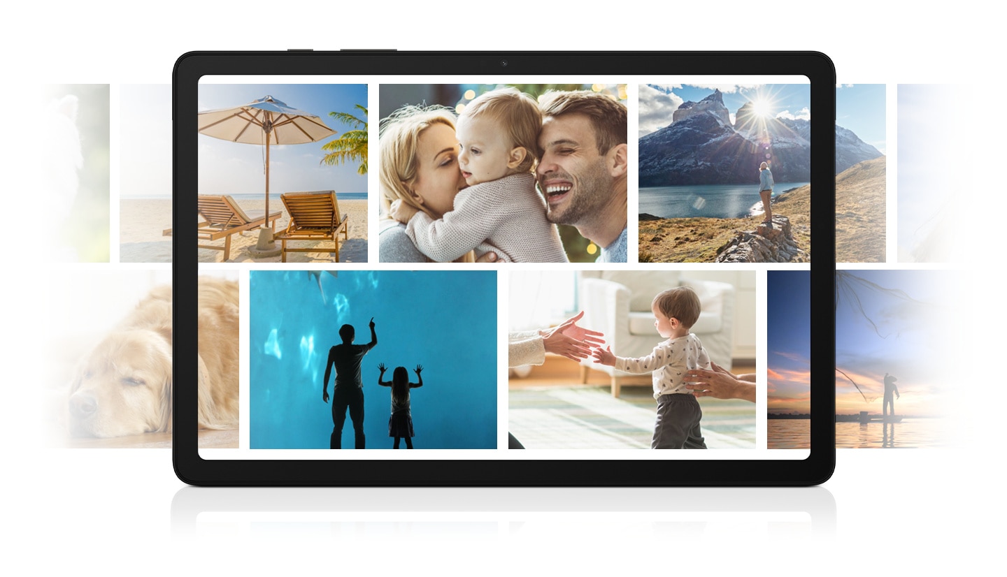 Photographs are displayed in two horizontal lines. On top of the photographs is the frame of Galaxy Tab A9+, to illustrate the large storage of the device.
