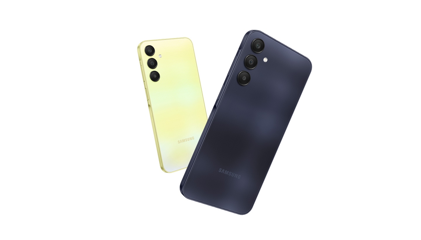 Highlighting the design of the Galaxy A25 5G featuring its camera & sleek profile available in Blue, Black, and Yellow colours.