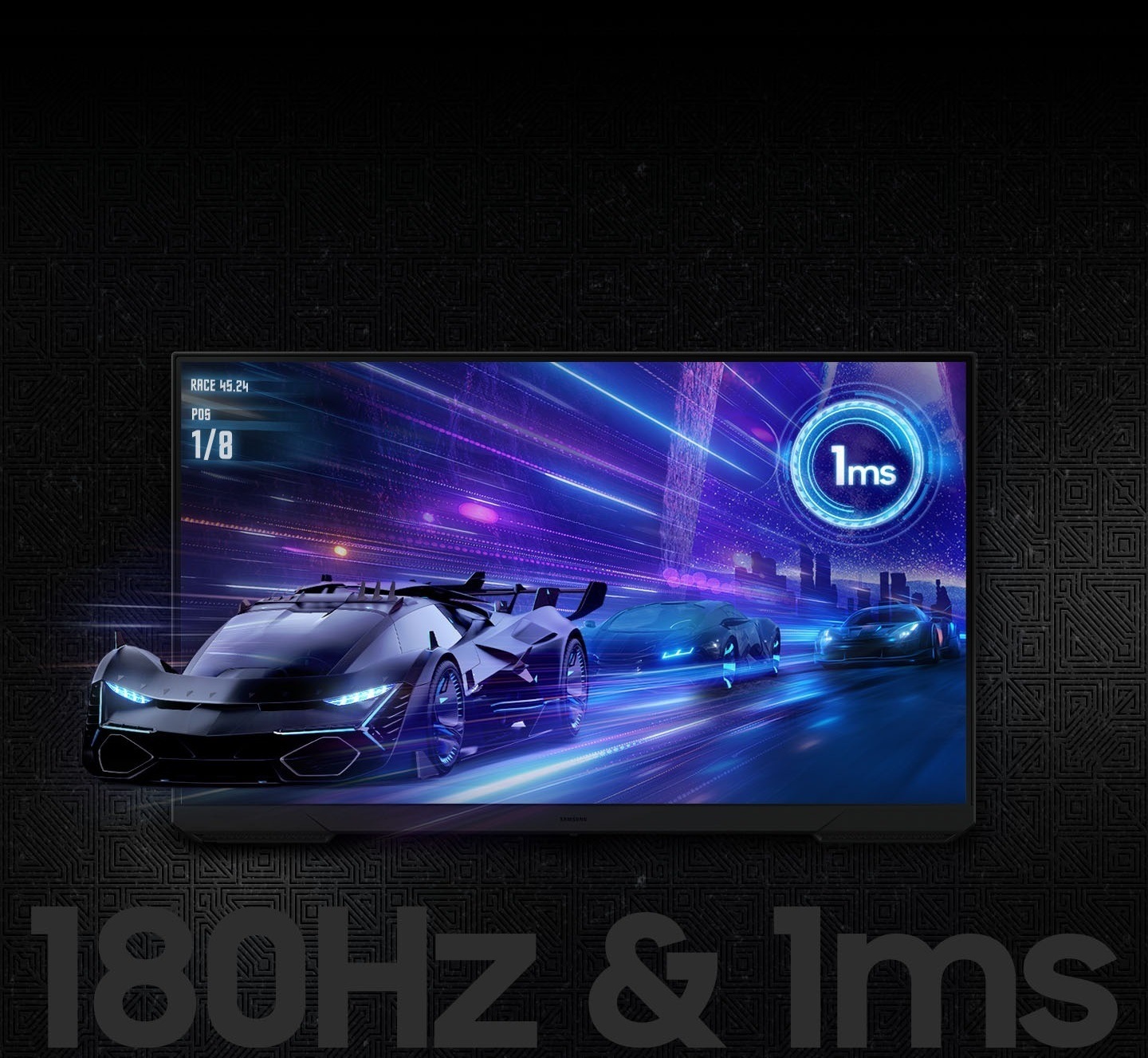 An Odyssey monitor shows a car racing scene on its screen. Three cars speed away from a city skyline. The front of the lead car is coming off the monitor's screen. A logo on the top right corner communicates the spec: "1ms". A text below the monitor also communicates the specs: “180Hz refresh rate and 1ms response time”
