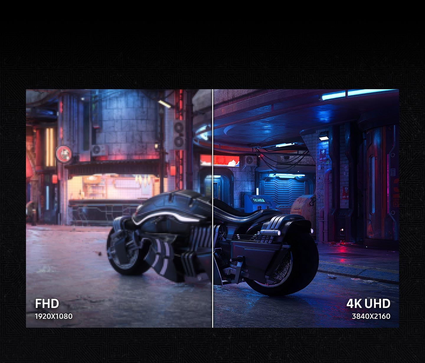 Two resolutions, FHD (1920x1080) and 4K UHD (3840x2160), are being compared. The 4K UHD on the right shows clearer image quality than the FHD on the left.