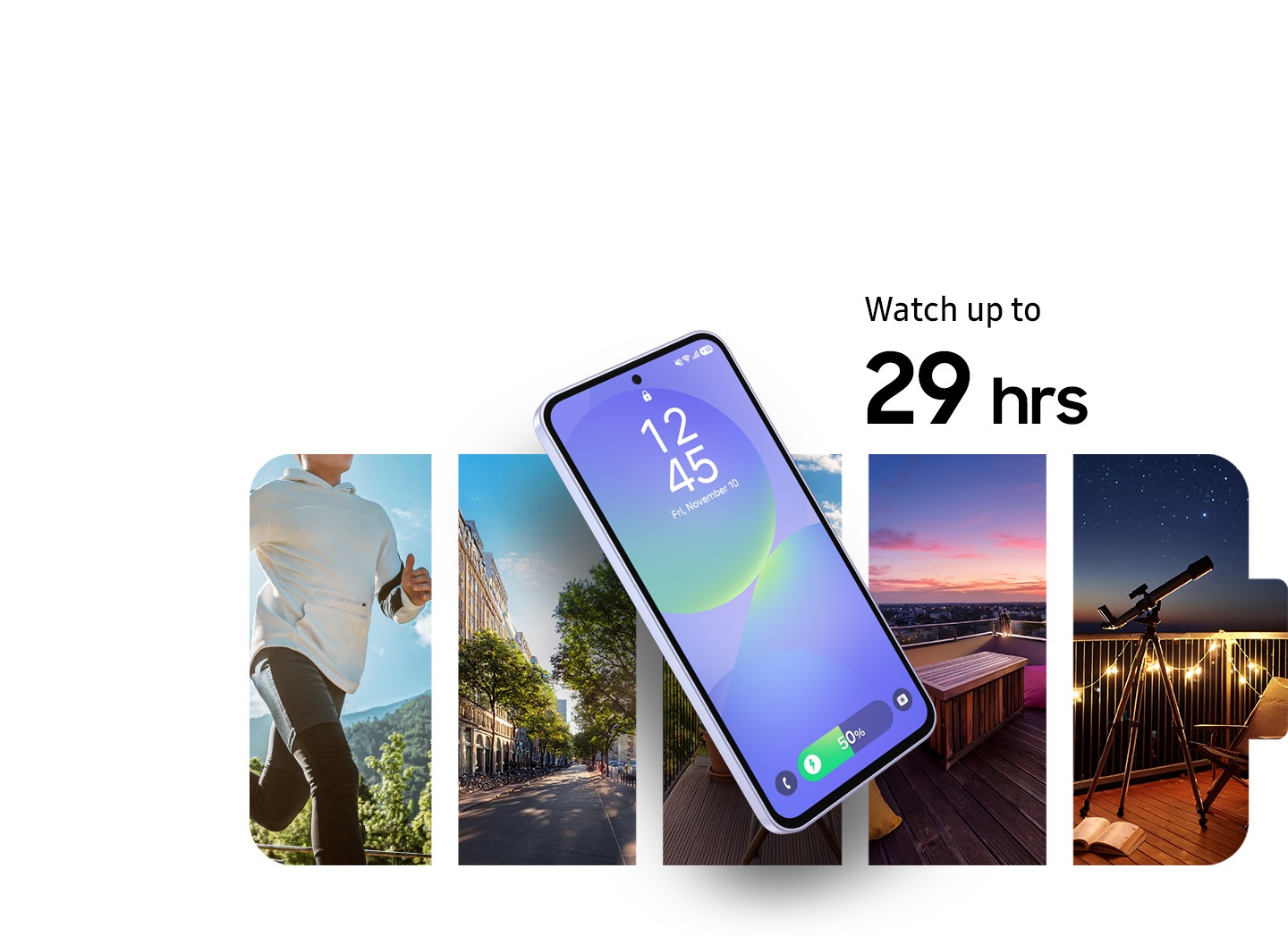 Galaxy A36 5G can be seen with the lock page onscreen. In the background is a person running, the cityscape, a rooftop during sunset and a telescope on the rooftop pointed toward the night sky. Text Watch up to 29 hours is on the top right.