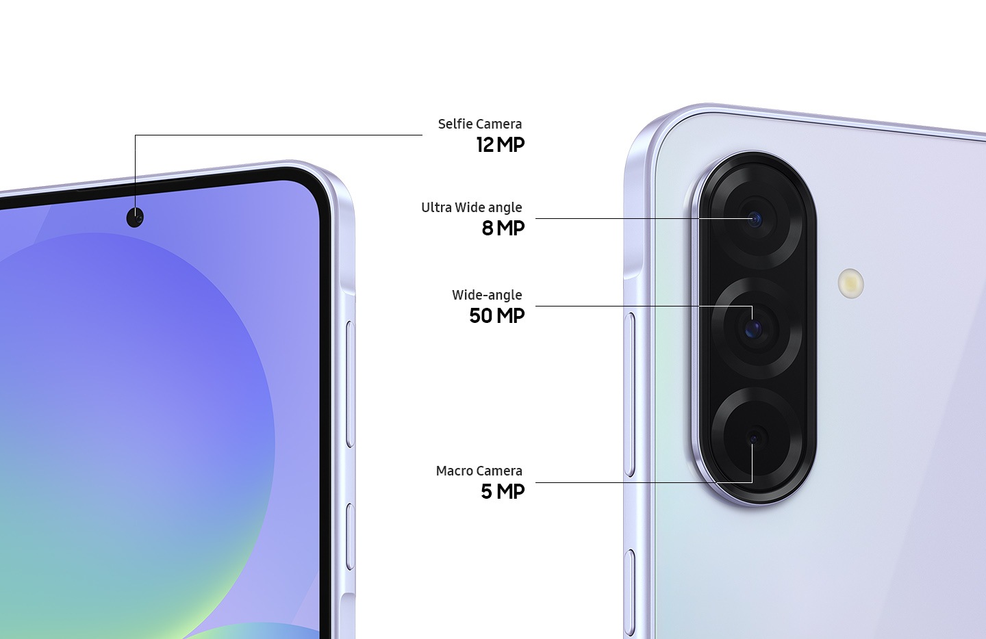 Two Galaxy A36 5G devices can be seen. The front camera features the 12 MP Selfie Camera. The rear cameras feature the 8 MP Ultra Wide angle, 50 MP Wide-angle and 5 MP Macro Camera.