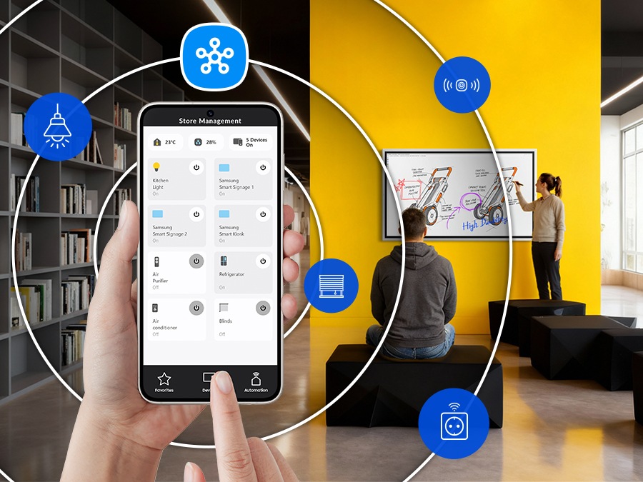 Samsung The Flip is installed on the wall of the huddle room and is connected to other devices via the SmartThings Pro app.
