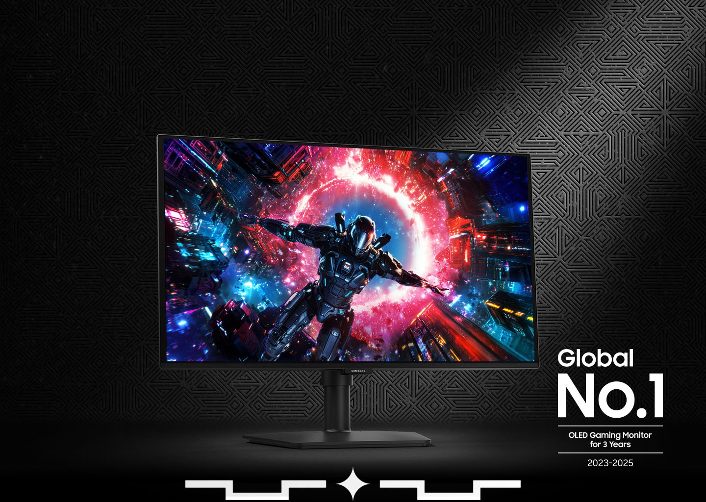 The Odyssey OLED G7 monitor displays a character falling into a portal. Logo for Global No.1 OLED Gaming Monitor for 3 years, 2023–2025.