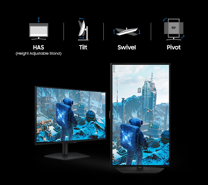 A horizontal screen and a vertical screen show a character looking at the enemy base. Icons for HAS (Height Adjustable Stand), Tilt, Swivel, and Pivot.