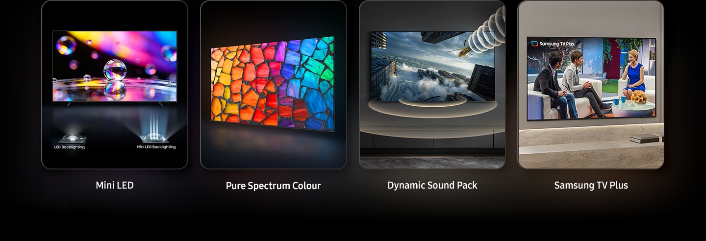 Mini LED, LED Backlighting, Mini LED Backlighting, Pure Spectrum Colour, Dynamic Sound Pack and Samsung TV Plus as the top 4 features.