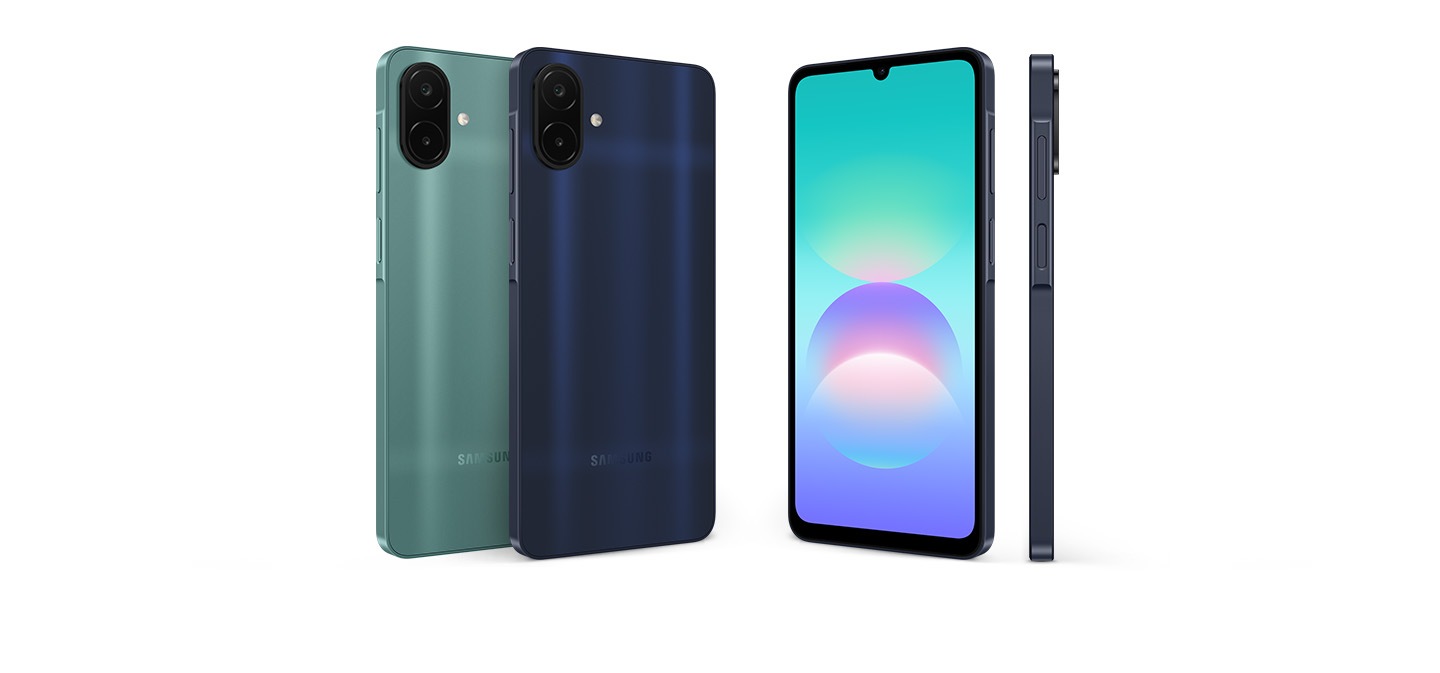 Galaxy A08 shown in Dark Blue and Green from multiple angles, highlighting its sleek and slim design.