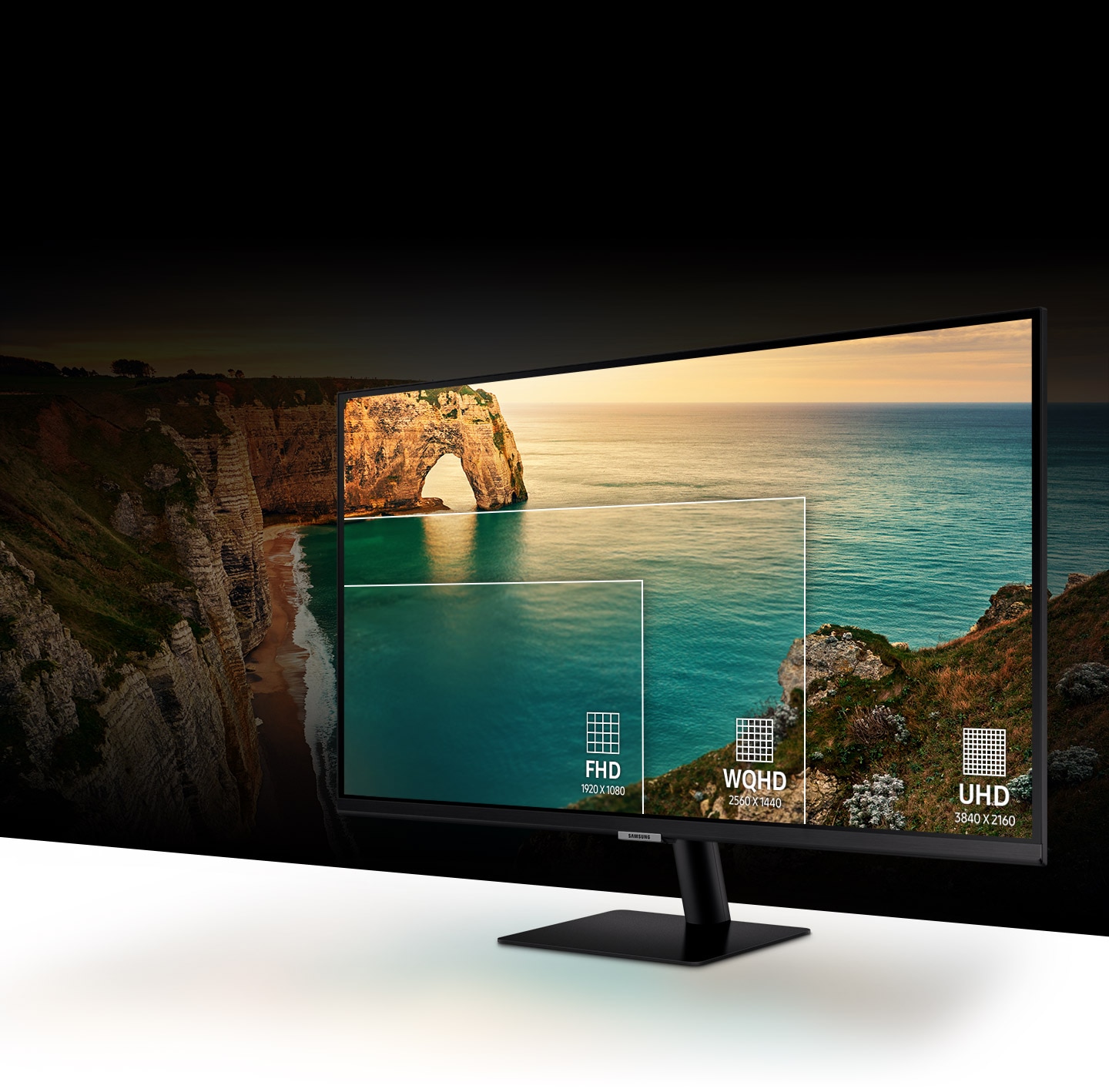 A 32 inch Smart Samsung M7 Monitor with graphics of the FHD 1920 x 1080 resolution, WQHD 2560 x 1440 resolution, and UHD 3840 x 2160 resolution imposed to show the M7 Monitor's highly pixelated cinematic UHD 4k picture quality.