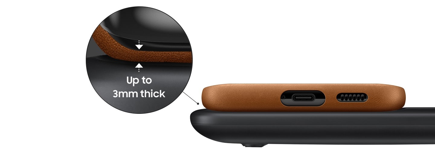 Wireless Charger Duo (ep-p4300tbegau) in black can reach through lightweight Samsung cases up to 3mm thick. View more and buy Wireless Charge Duo here