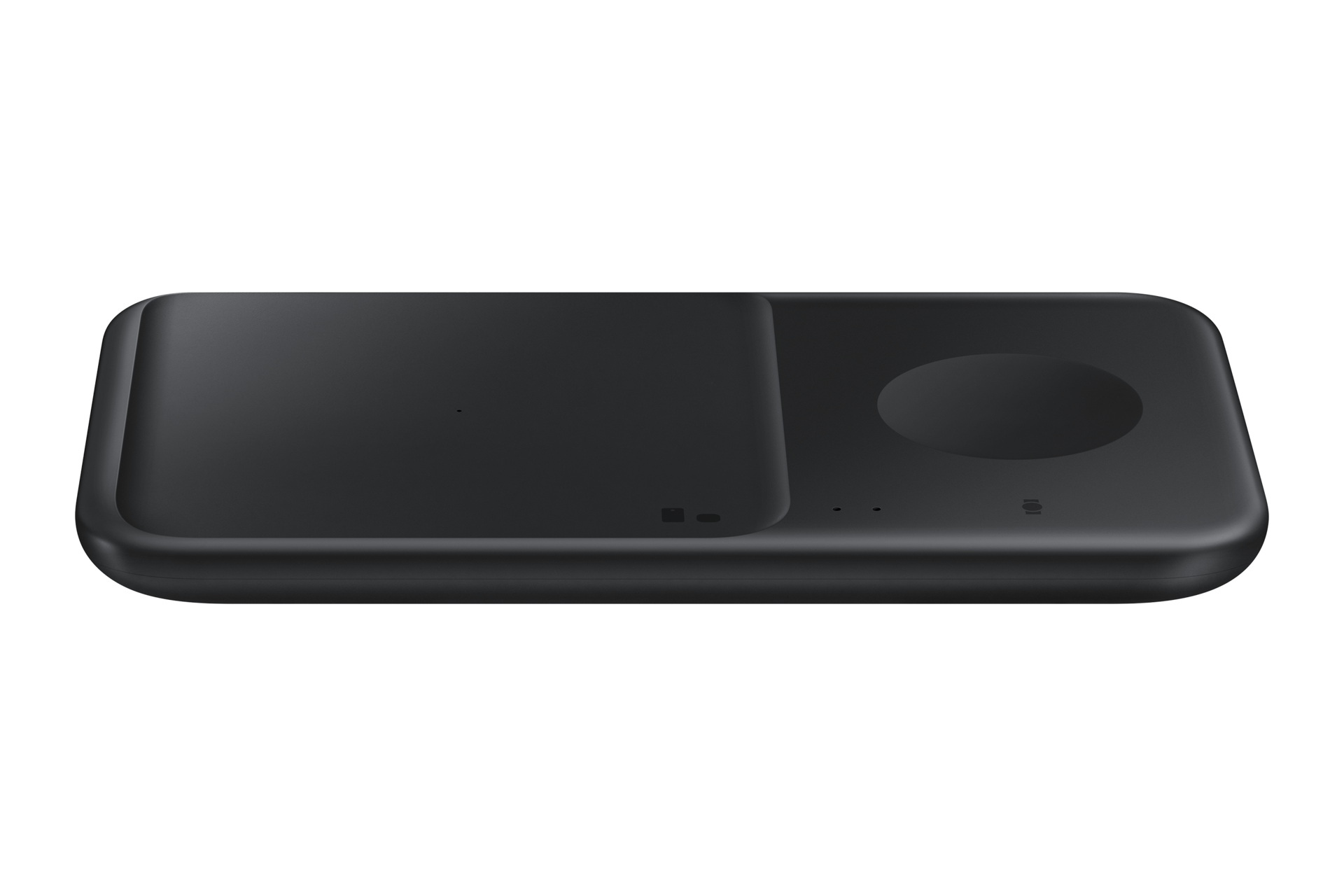 The front of a Duo Wireless Charger in black (ep-p4300tbegau) that can reach through lightweight Samsung cases up to 3mm thick