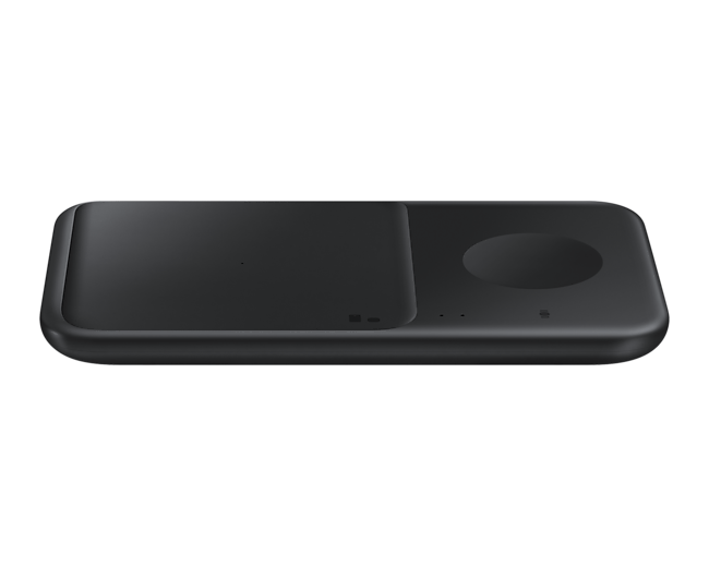 The front of a Duo Wireless Charger in black (ep-p4300tbegau) that can reach through lightweight Samsung cases up to 3mm thick