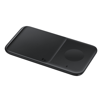 An R-perspective of a Samsung Wireless Duo in black provides a capacity to charge a smartphone and Galaxy Watches at once