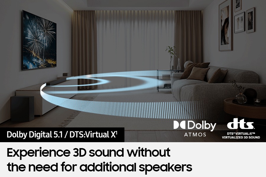 The Soundbar emits sound waves that fill the room through Dolby Digital 5.1ch and DTS Virtual:X Virtualized 3D Sound.