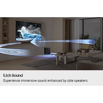 Living room setting with TV and B750F setup. Sound waves from the soundbar and subwoofer travel around and fill the room.