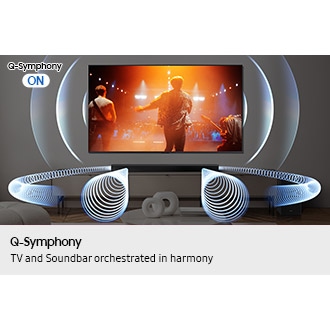In a living room, sound plays from both the B750F soundbar and TV when Q-Symphony ON is on, as shown by various sound waves.