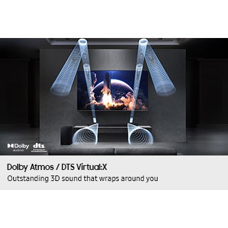 Dolby Atmos audio and DTS Virtual:X sound plays from Q600F soundbar below TV, as shown by sound waves.