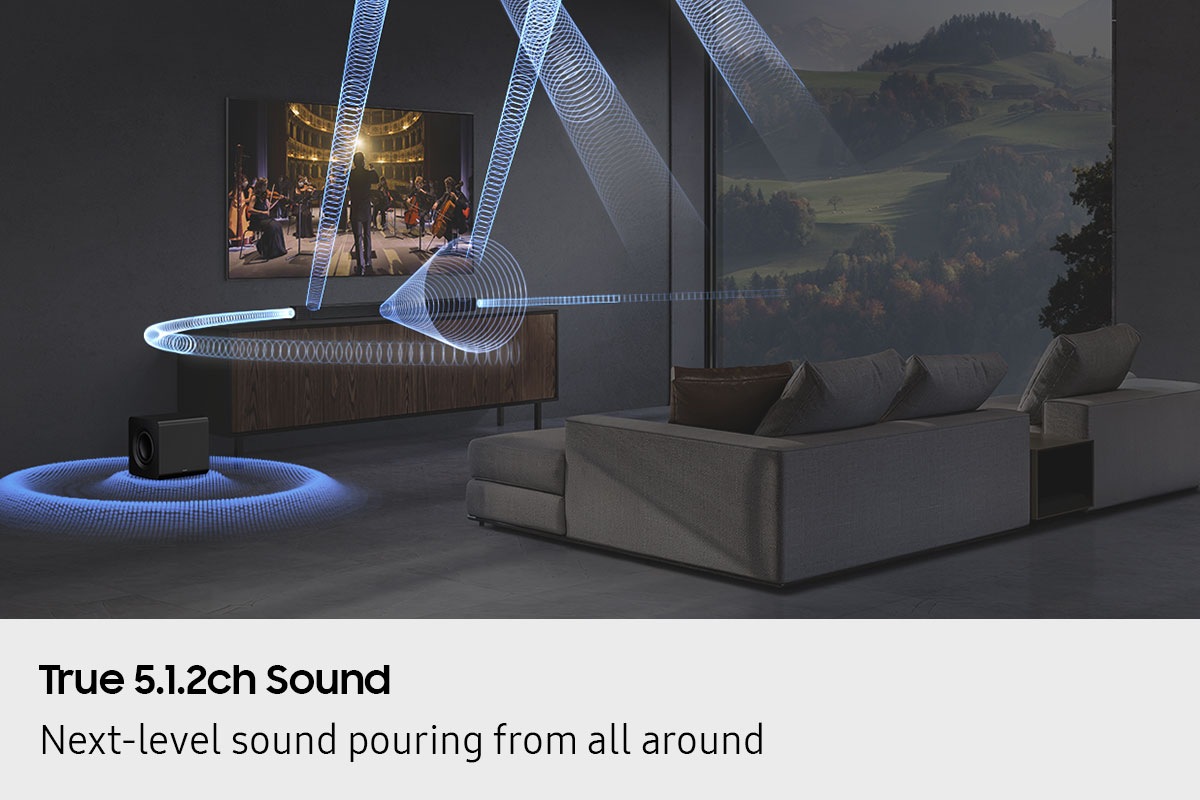 Living room setting with TV and Q800F setup. Sound waves from soundbar and subwoofer travel around and fill the room.