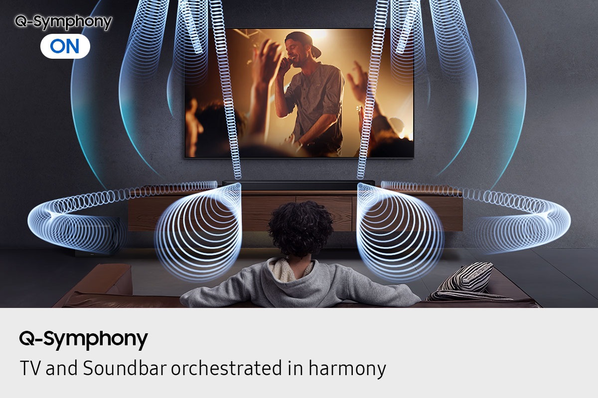 Man watches TV in living room. With Q-Symphony ON, sound plays from Q800F soundbar and TV, shown by various sound waves.