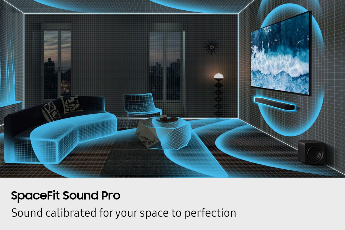 A living room with TV and soundbar being analyzed by SpaceFit Sound Pro, indicated by sound waves travelling over the space.