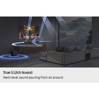 Living room setting with TV and Q800F setup. Sound waves from soundbar and subwoofer travel around and fill the room.