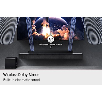 Wireless Dolby Atmos plays from Q800F soundbar below TV, as shown by sound waves and wireless icon with arrows pointing up.