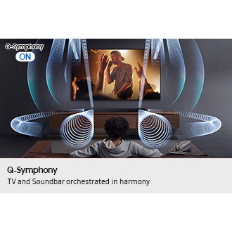 Man watches TV in living room. With Q-Symphony ON, sound plays from Q800F soundbar and TV, shown by various sound waves.