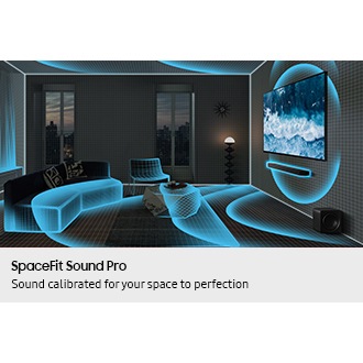 A living room with TV and soundbar being analyzed by SpaceFit Sound Pro, indicated by sound waves travelling over the space.