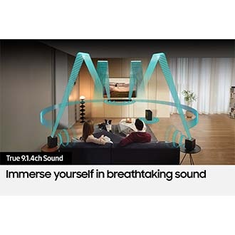 Various sound wave graphics coming from the Soundbar illustrate True 9.1.4ch sound.