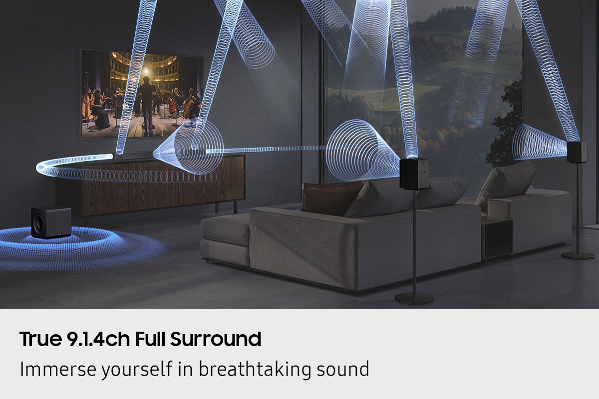 Living room with TV and Q930F setup. Sound waves from soundbar, subwoofer and rear speakers travel around and fill the room.