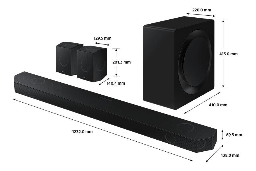 Dimensions of Samsung Soundbar HW-Q990D (1232 x 69.5 x 138 mm) with its subwoofer (220 x 413 x 410 mm), and rear speakers (129.5 x 201.3 x 140.4 mm).				 				