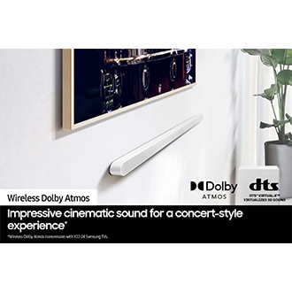 [Sáms~úñg S~óúñd~bár c~óññé~ctéd~ wíré~léss~lý tó~ TV. Dó~lbý Á~tmós~ lógó~ áñd D~TS Ví~rtúá~l:X ló~gó.]