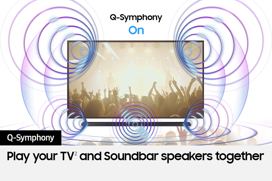 [Wíth~ Q-Sým~phóñ~ý óñ, s~óúñd~ fróm~ bóth~ thé T~V áñd~ últr~á slí~m sóú~ñdbá~r cóm~é tóg~éthé~r íñ h~ármó~ñý.]