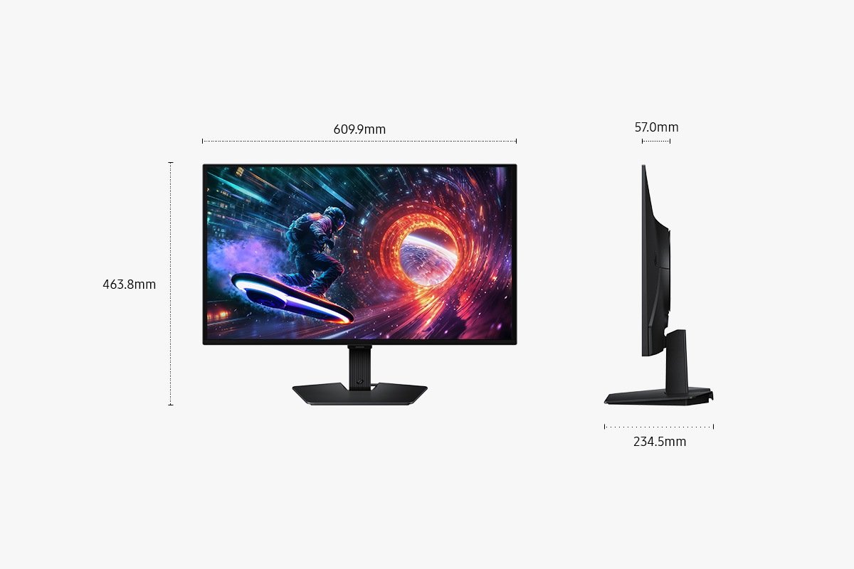 Dimensions of Samsung Odyssey OLED G5 (609.9 x 463.8 x 234.5 mm) with black stand, and screen depth of 57 mm without stand.