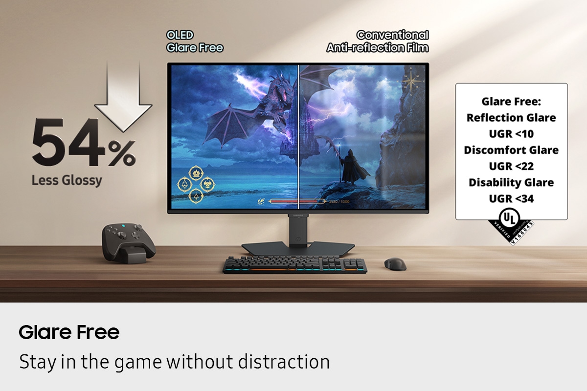 Glare Free. Stay in the game without distraction. A monitor with a gaming setup. The OLED Glare Free film makes the screen 54% less glossy than the Conventional Anti-reflection Film. Glare Free: Reflection Glare UGR <10, Discomfort Glare UGR <22, Disability Glare UGR <34.