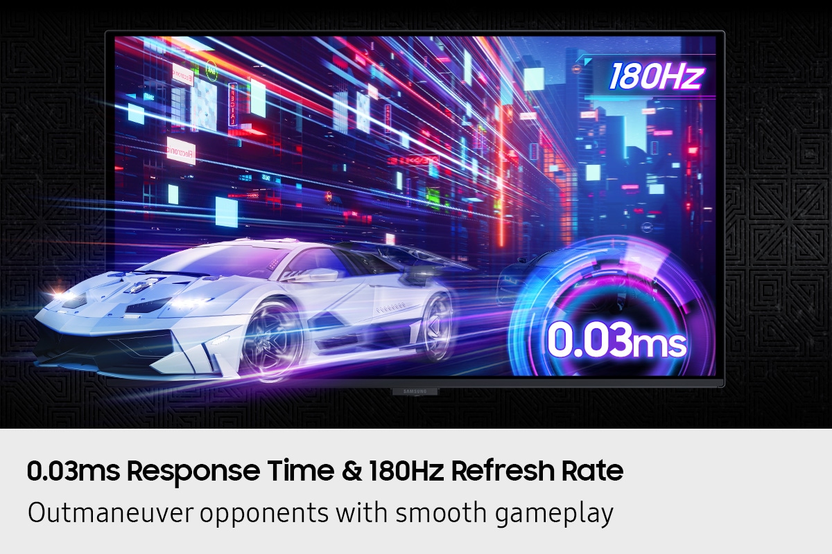 0.03ms Response Time & 180Hz Refresh Rate. Outmaneuver opponents with smooth gameplay. A race car zooms out of the screen. 