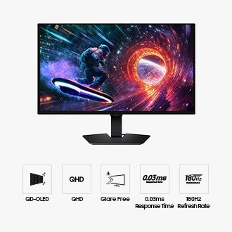 Front of Samsung Odyssey OLED G5. A character riding a hoverboard is passing through a tunnel in outer space.