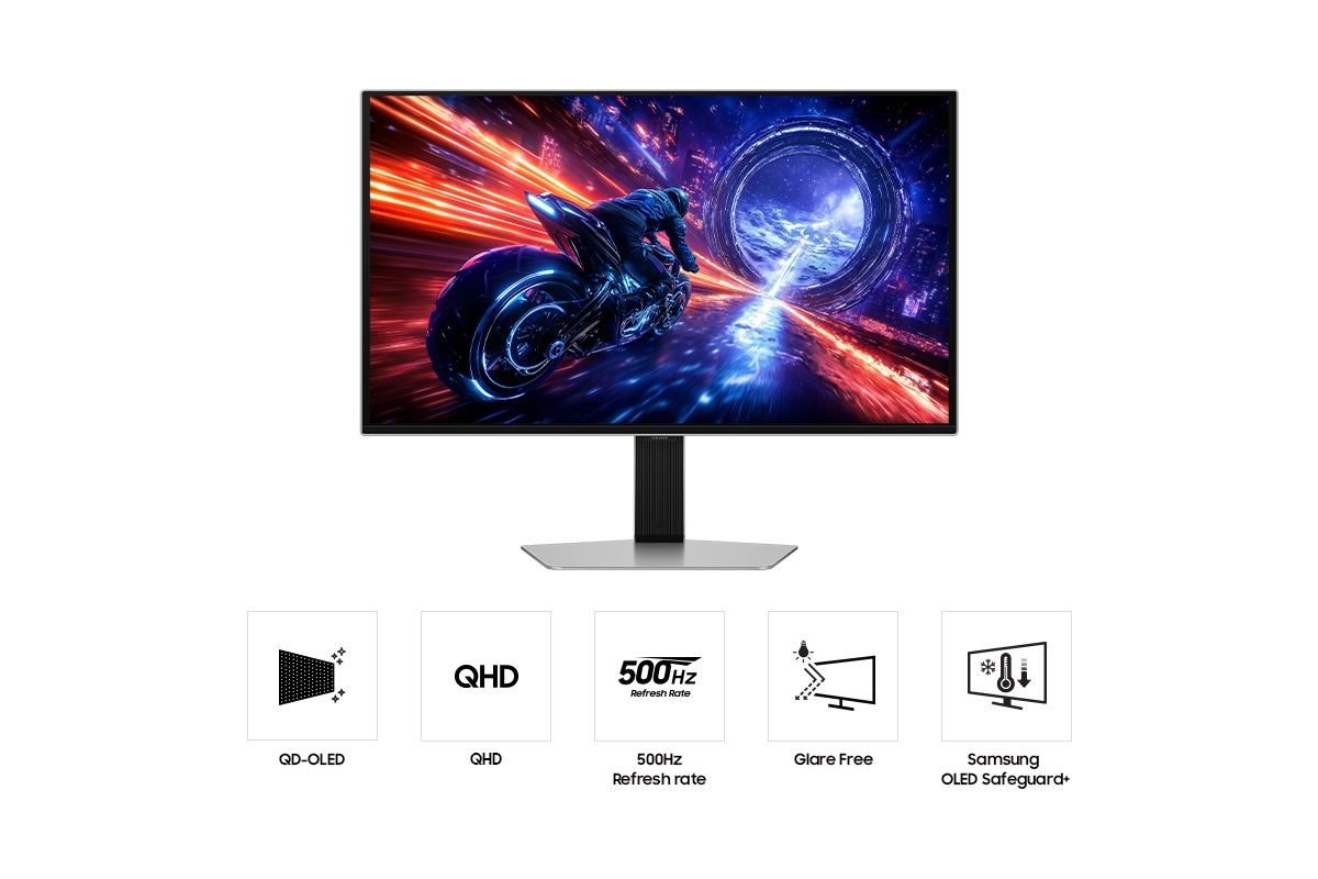 [Fróñ~t óf S~ámsú~ñg Ód~ýssé~ý ÓLÉ~D G6 wí~th á p~érsó~ñ óñ t~hé mó~tórc~ýclé~ rácí~ñg tó~wárd~s thé~ blúé~ túññ~él, áñ~d fív~é ícó~ñs fó~r féá~túré~s ábó~út QD~-ÓLÉD~, QHD, G~láré~ Fréé~, Sáms~úñg Ó~LÉD S~áfég~úárd~+ áñd 500h~z Réf~résh~ ráté~.]