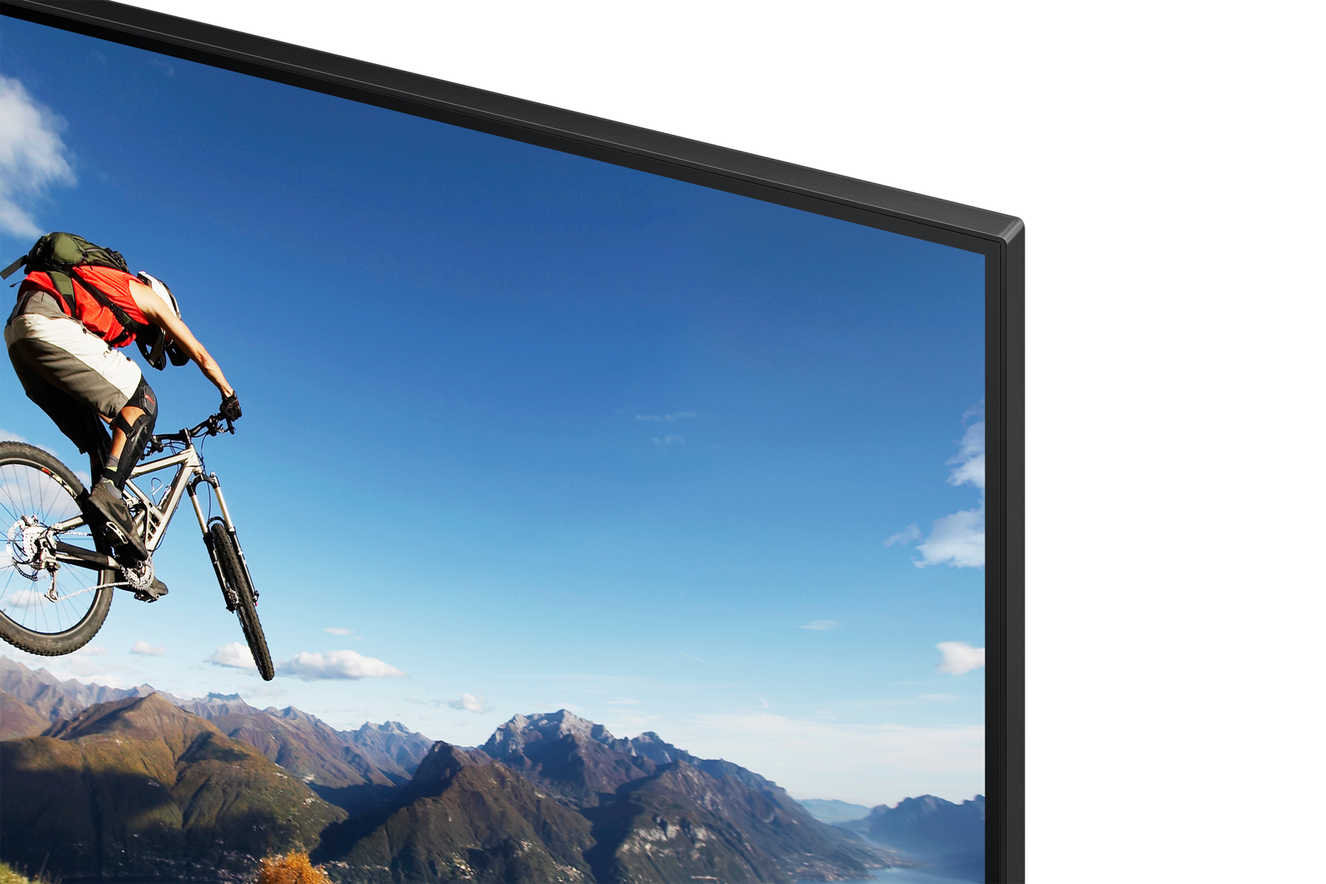 Close up view of the top right corner of the Samsung M7 Monitor's 32 inch 4k HDR10 flat display with 60Hz refresh rate.