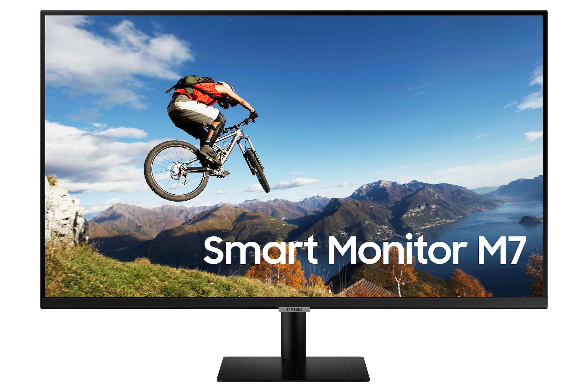 Front view of the Samsung M7 Monitor's 32 inch display with 3,840 x 2,160 resolution, 16:9 aspect ratio, 8 (GTG) ms response time, and 250cd/㎡ brightness.